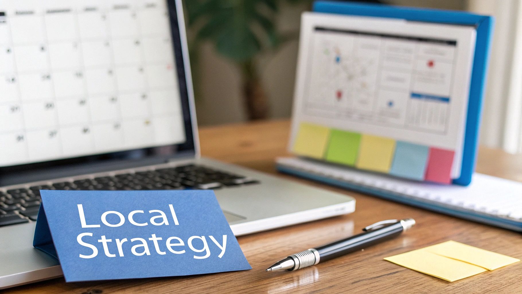 A person working on a laptop with charts and graphs in the background, representing strategy development.