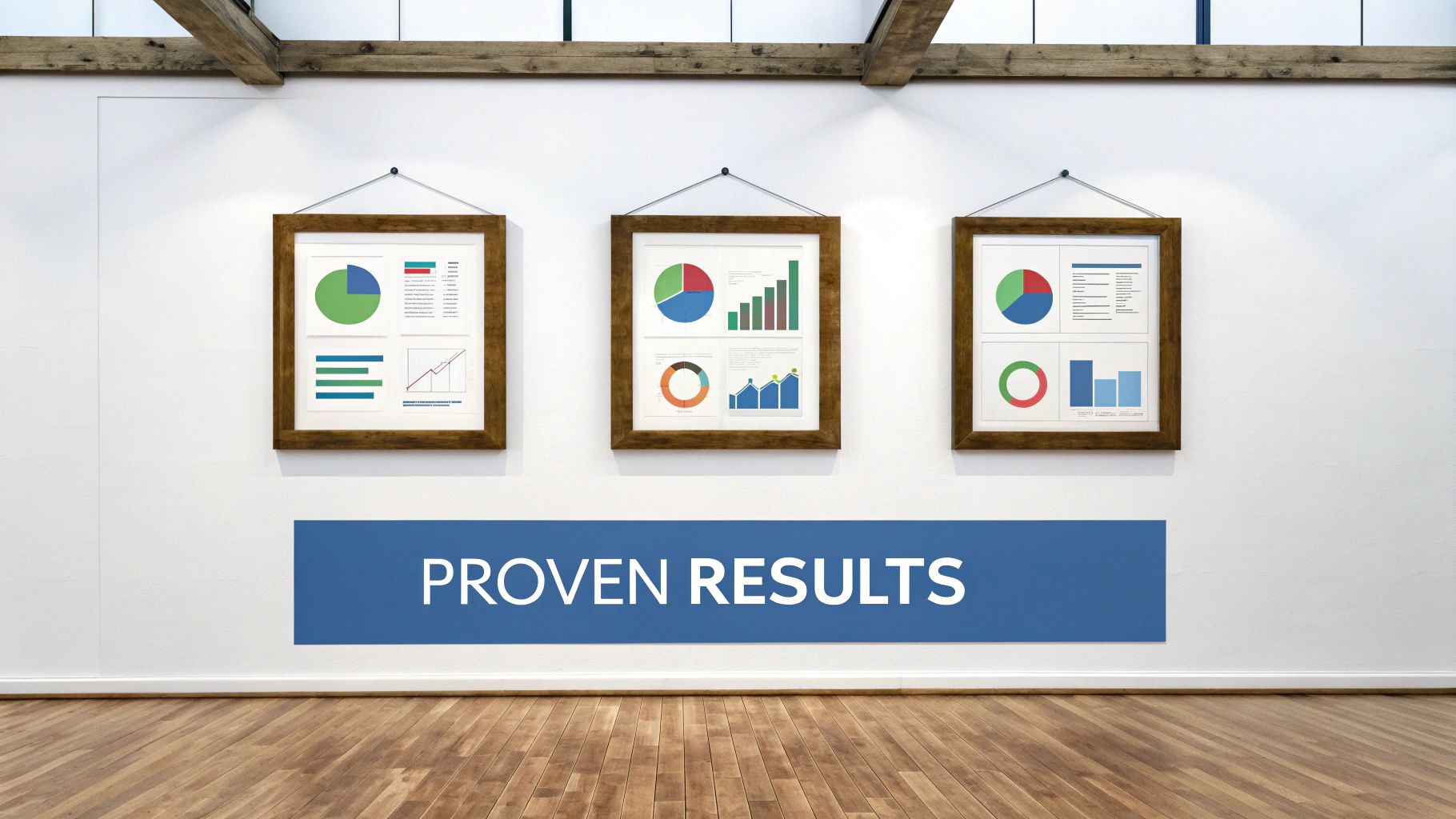 Three professionals collaborating on a social media strategy on a laptop, showing graphs and user profiles.