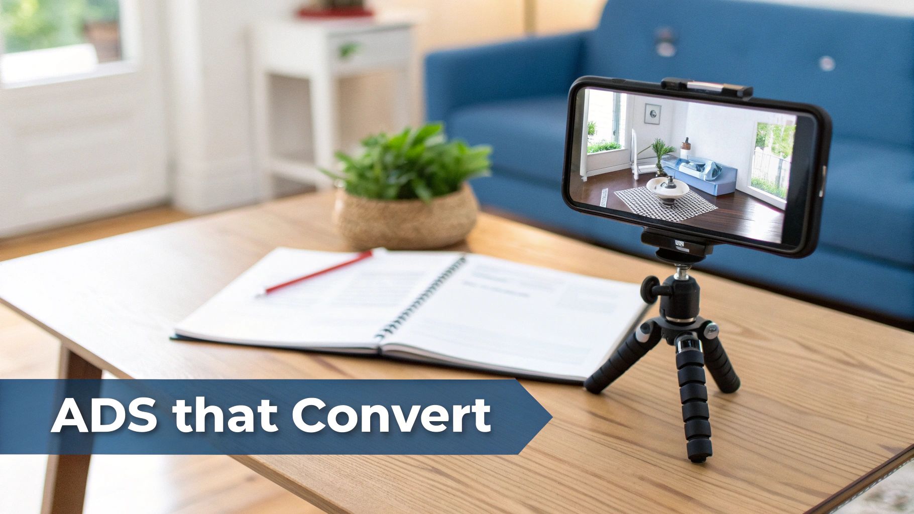 A woman is reviewing a document with a property plan, highlighting the importance of creative ad content.