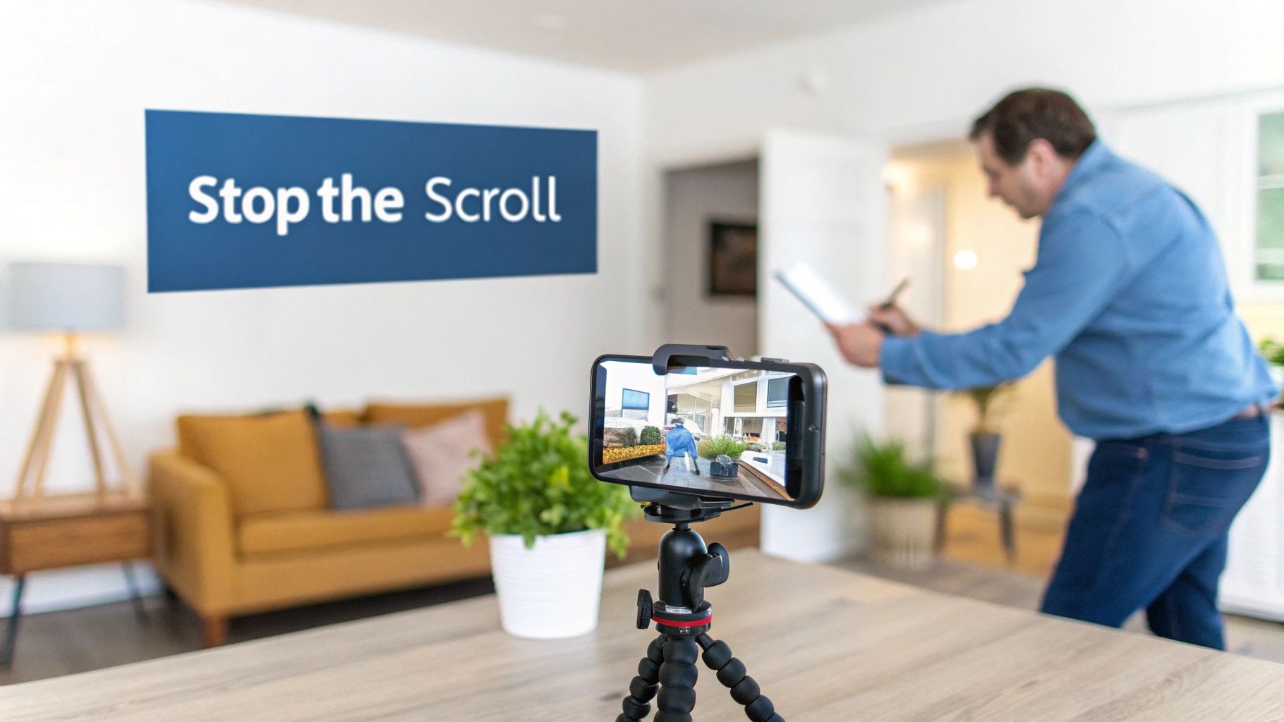 A group of young adults looking at a smartphone, smiling at a real--estate video.