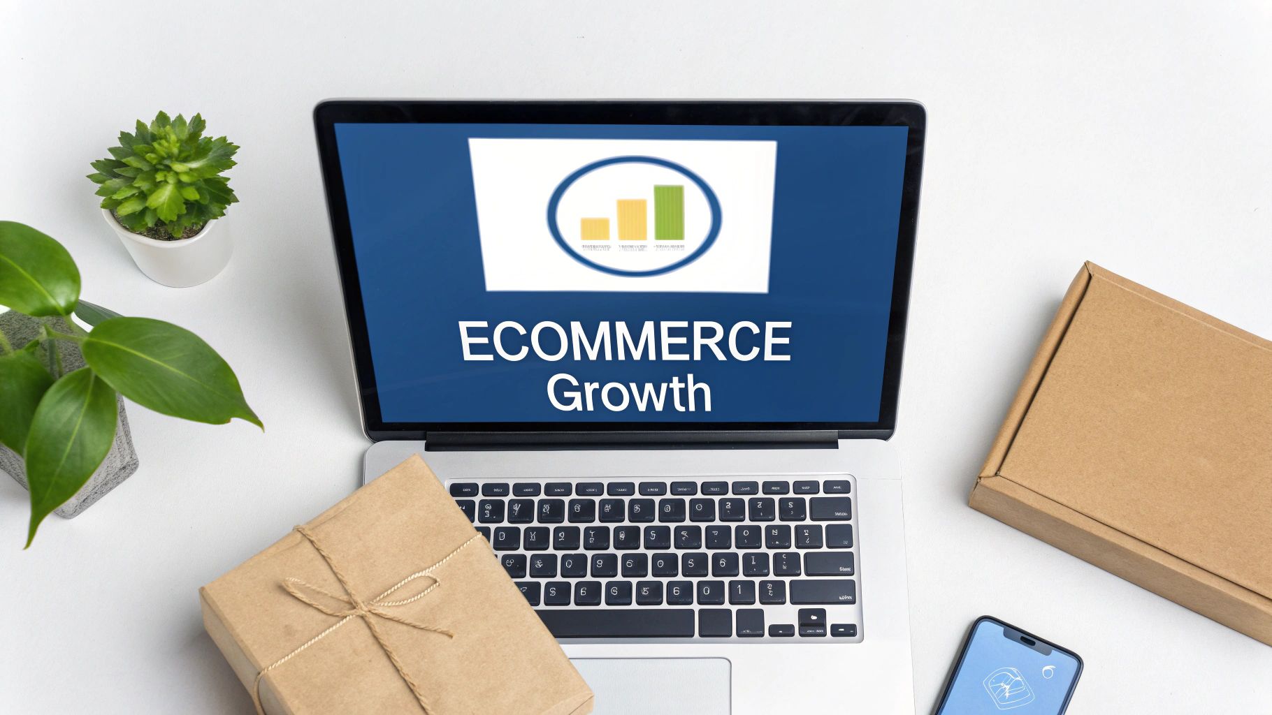 A person using a laptop to shop on an ecommerce website, with icons representing Cyprus in the background.