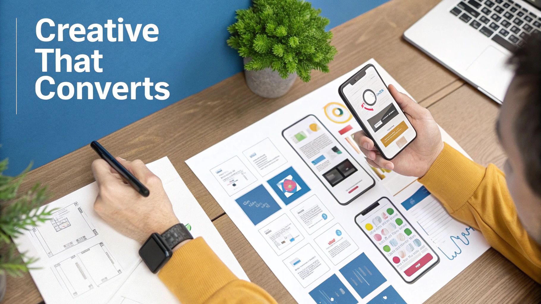 A close-up of a designer's hands using a stylus on a tablet to create an advertisement, with various visual elements and charts on the screen.