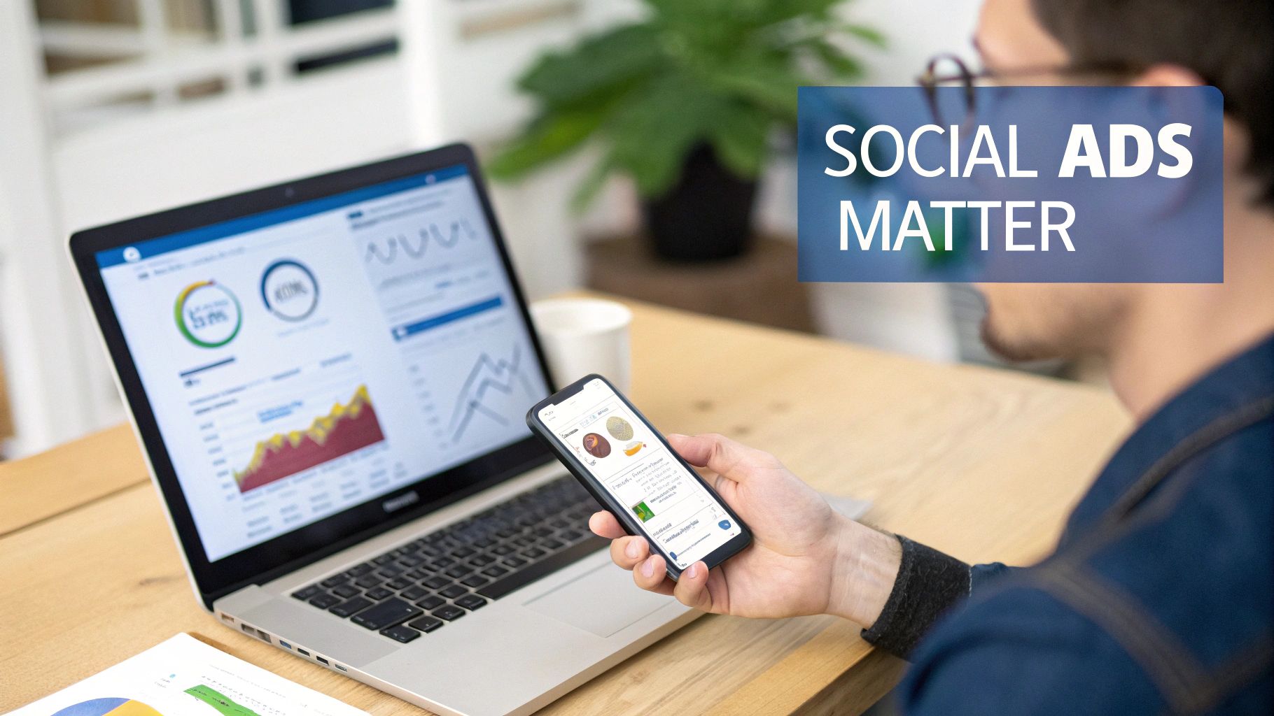 A person's hand holding a smartphone displaying various social media app icons, representing the concept of social ads.