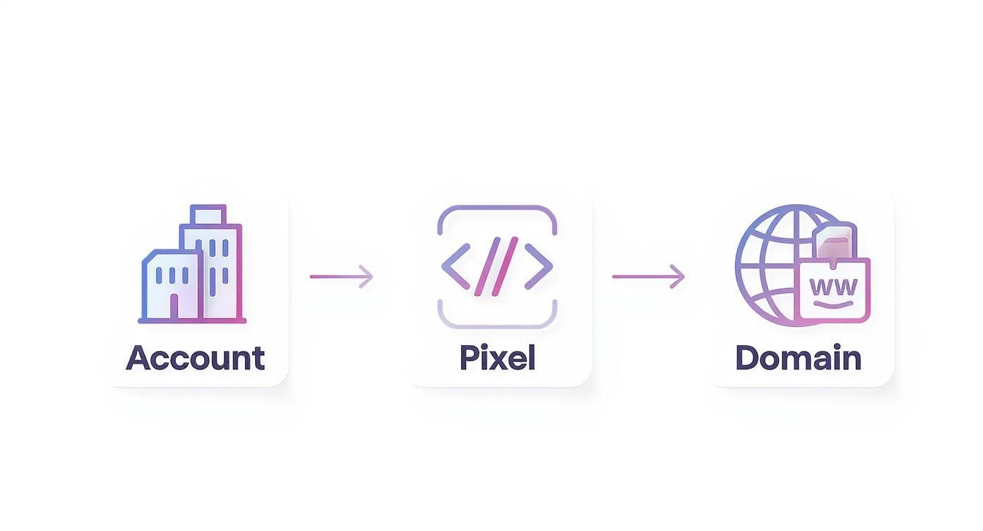 Infographic showing the a TikTok setup process with icons for Account, Pixel, and Domain.
