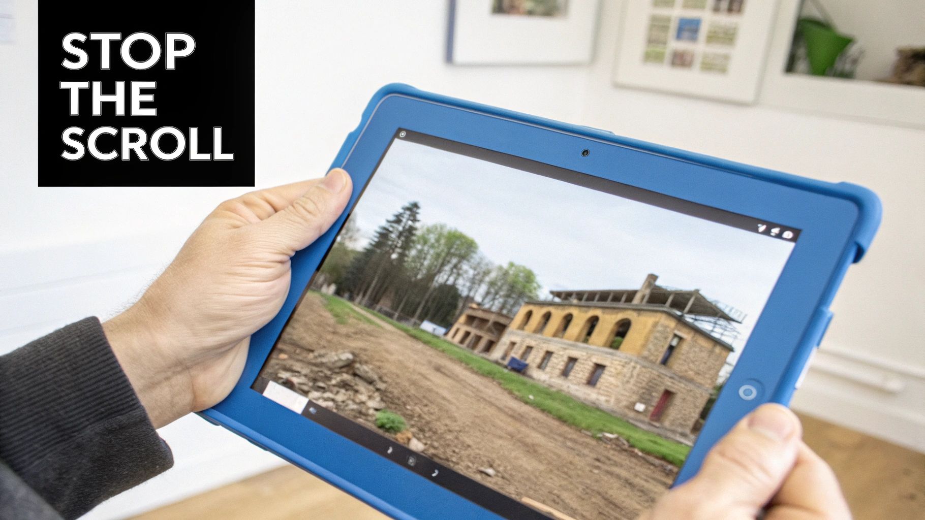 Person holding tablet displaying construction site photo with blue protective case in office setting